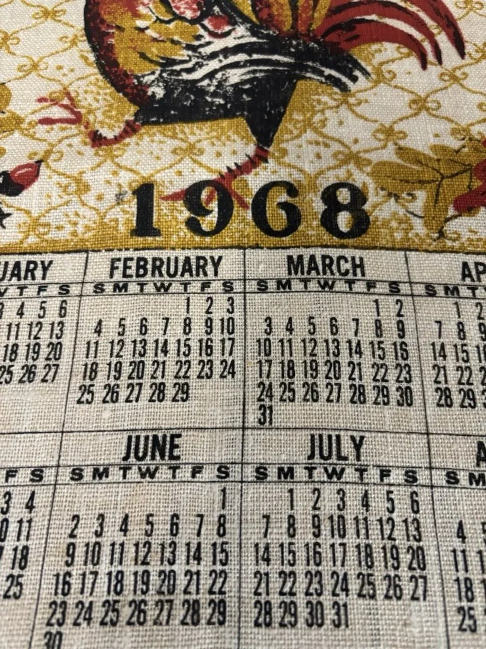 1968 Vintage MCM Linen Calendar Tea Towel Wall Hanging ROOSTER Chicken